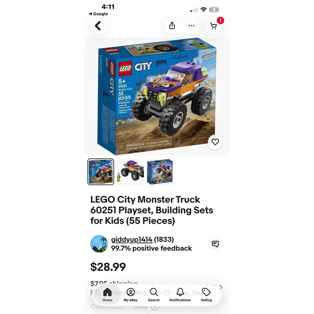 LEGO City Monster Truck 60251 Playset Building‎ Toy 55 Pieces Kids Age 5